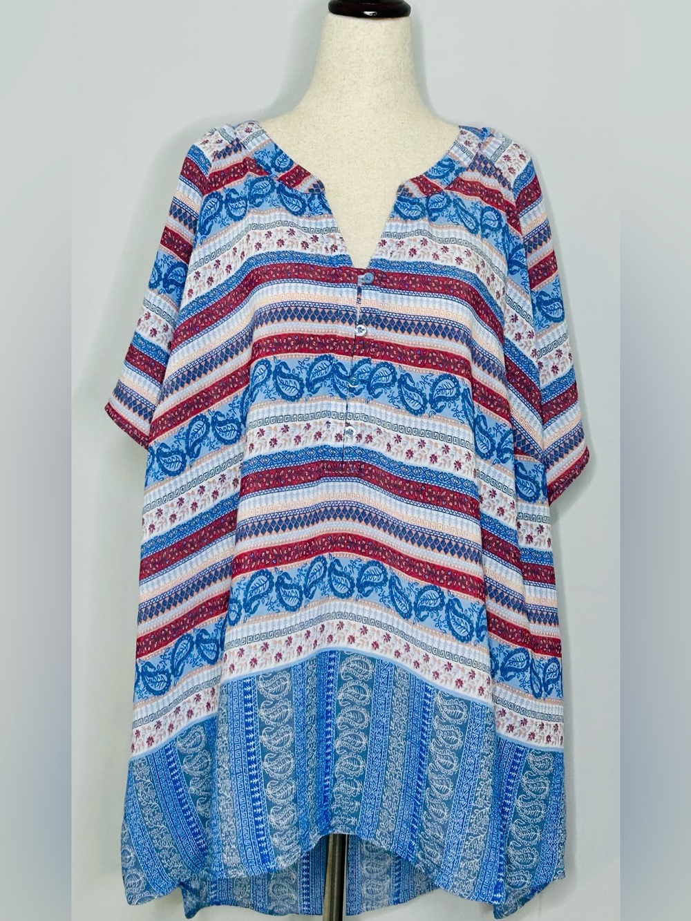 Kim Rogers Curvy Printed Tunic Blouse, Red/White/Blue Flowy Boho, size 3X
